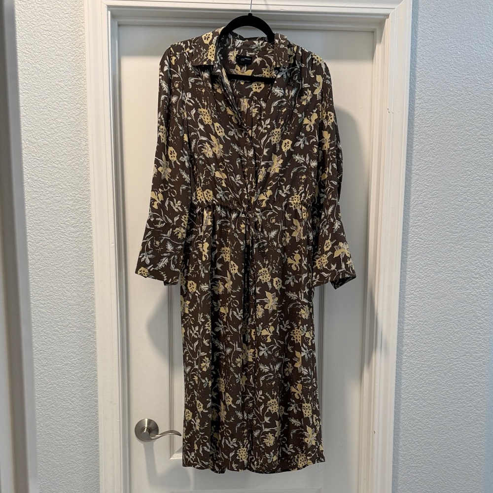 Club Monaco Silk Brown Floral Long Sleeve Dress